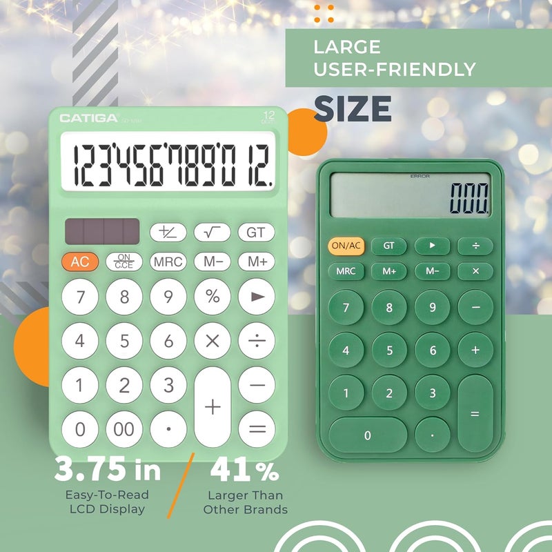 CATIGA 12 Digit Desktop Calculator Basic Desk Calculator with Large LCD Display, Big Buttons, 4 Function, Solar and Battery Dual Power, for Office, School, Home, SD-1292 Mint - Image 3